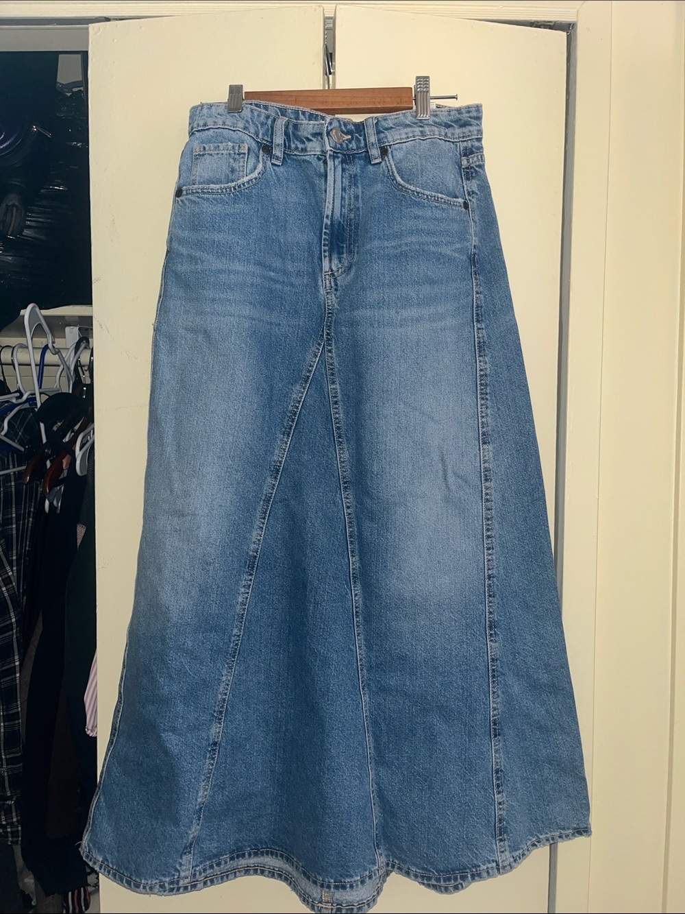 Zara Light Blue Denim Flare Maxi Skirt